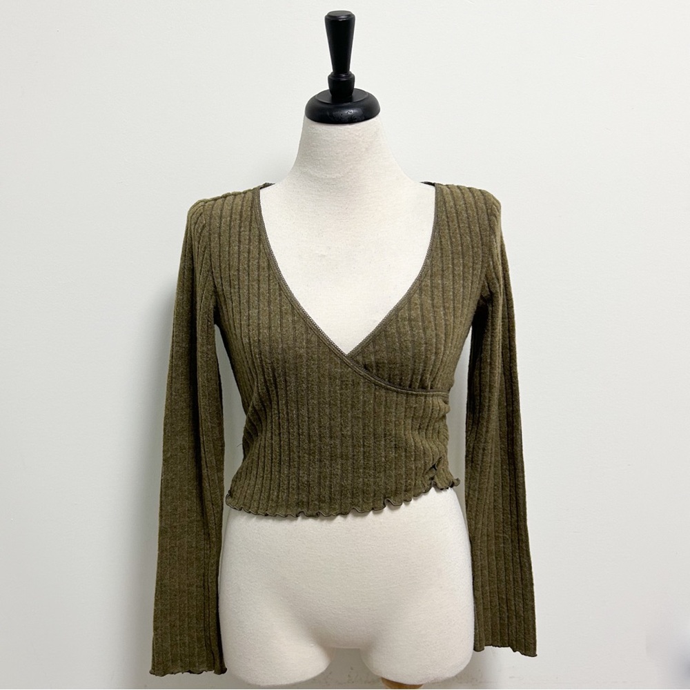 Out From Under Olive Green Lila Ribbed Faux Wrap Brushed V Neck Lounge Top NWT